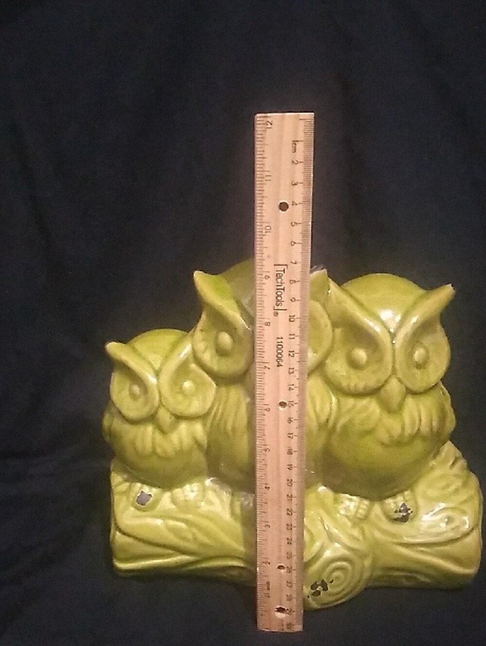 Vintage Ceramic Trio of Owls Green Glaze Figurine (B7) - Picture 8 of 11